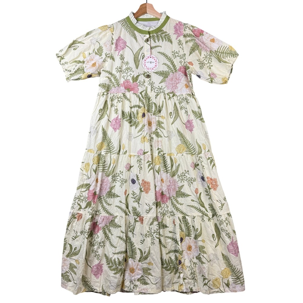 Umgee Floral Cotton Tiered Maxi Dress K0550 Cream Pink Green Small NWT